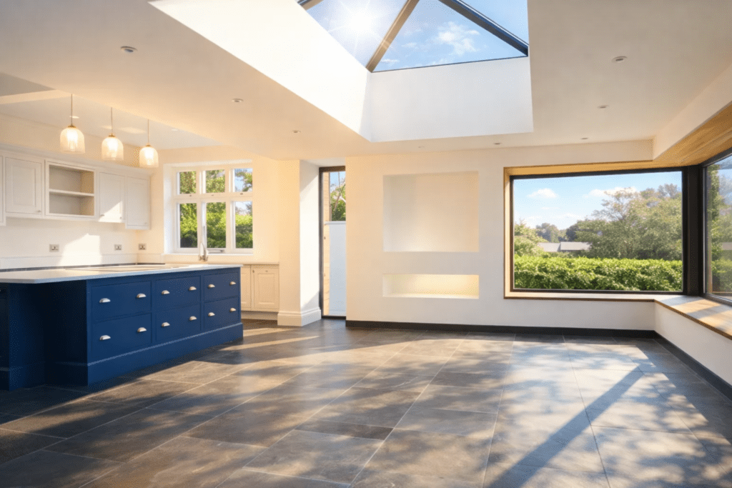 Modern open-plan kitchen extension with skylight, blue island units and large windows