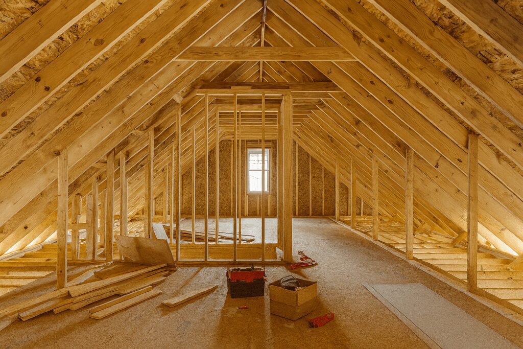 Loft conversion under construction with wooden framing